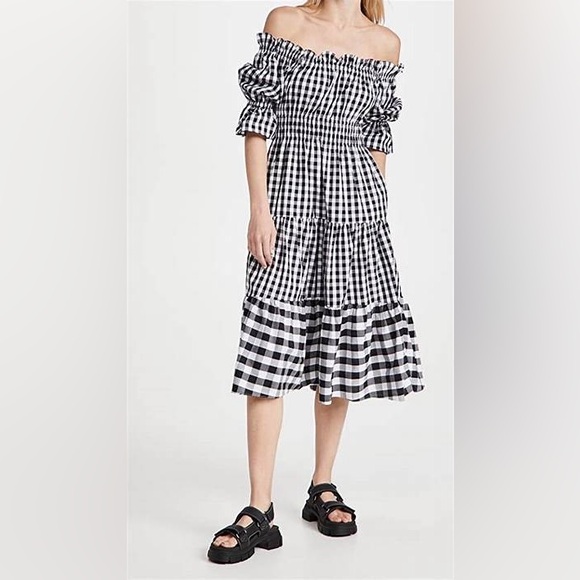 KITRI from Shopbop off-the-shoulder, black + white, gingham, tiered midi-dress. - Picture 1 of 8